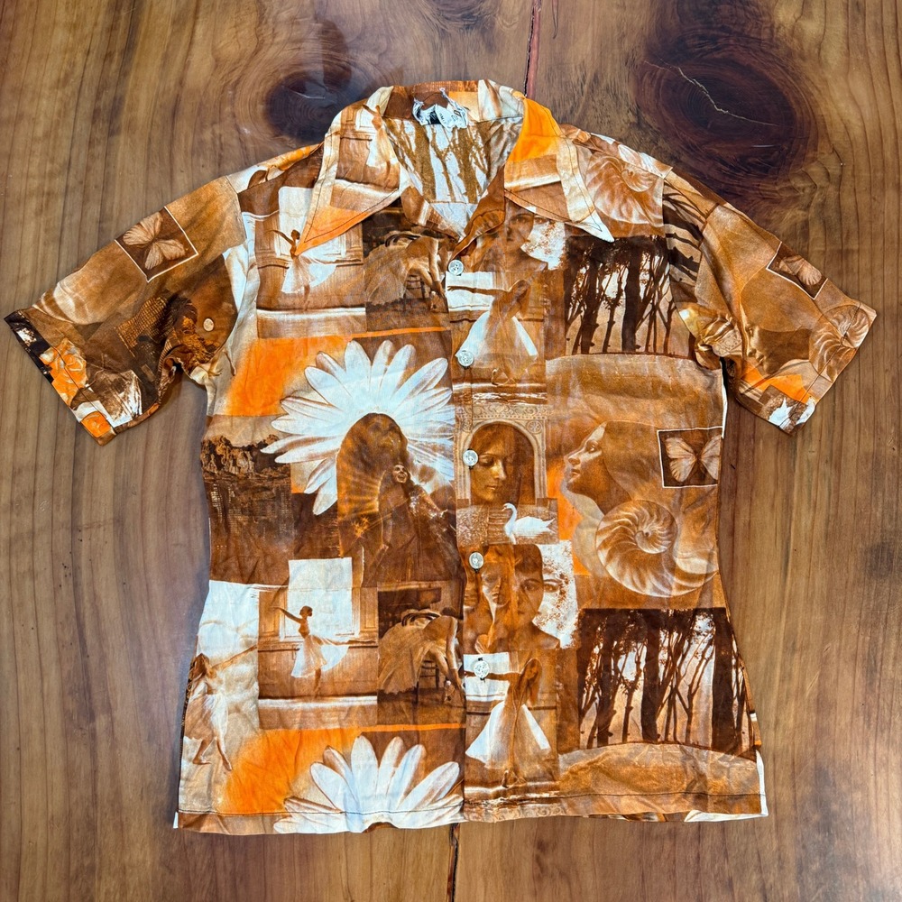 Vintage 60s 70s Palm Spring Shirt Men's M Floral Printed Disco Nylon Hippy D4-6
